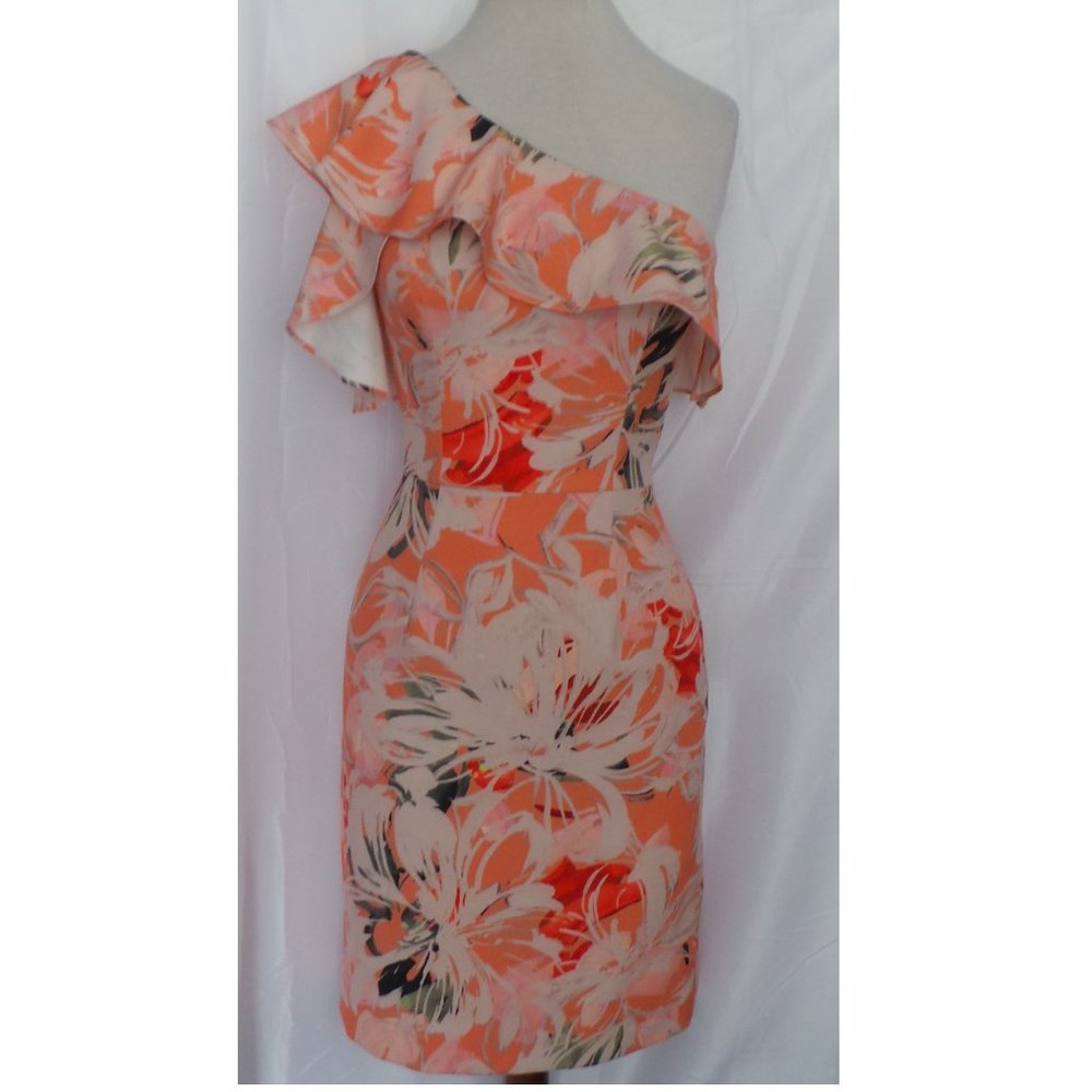 Black Halo One-Shoulder Floral Midi Dress in Peach, Coral and Cream